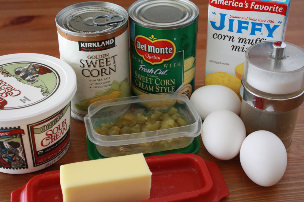 Green Chile Corn Casserole Pudding ingredients on the table.