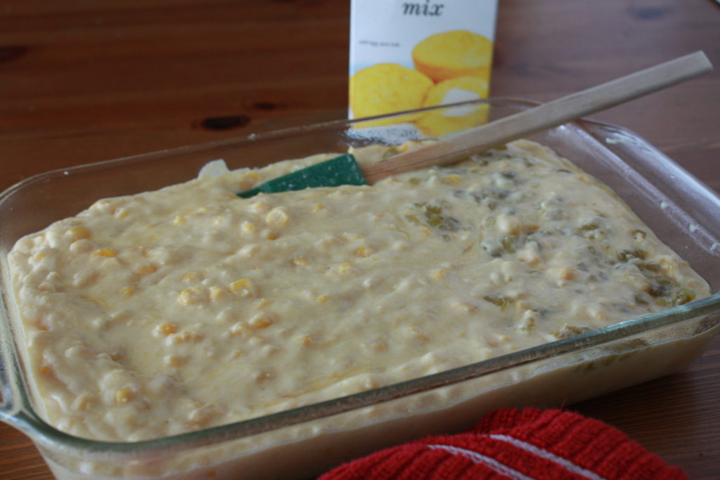 Green Chile Sweet Corn mixture in the baking dish.