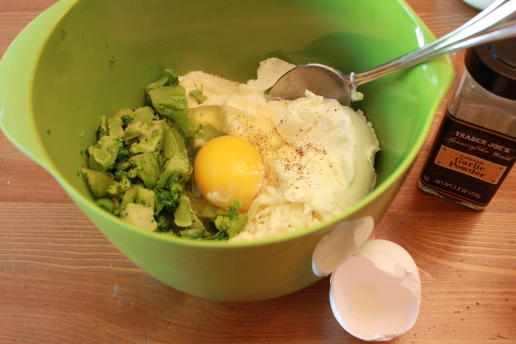 Mixing bowl with 3 cheese & broccoli mixture. 