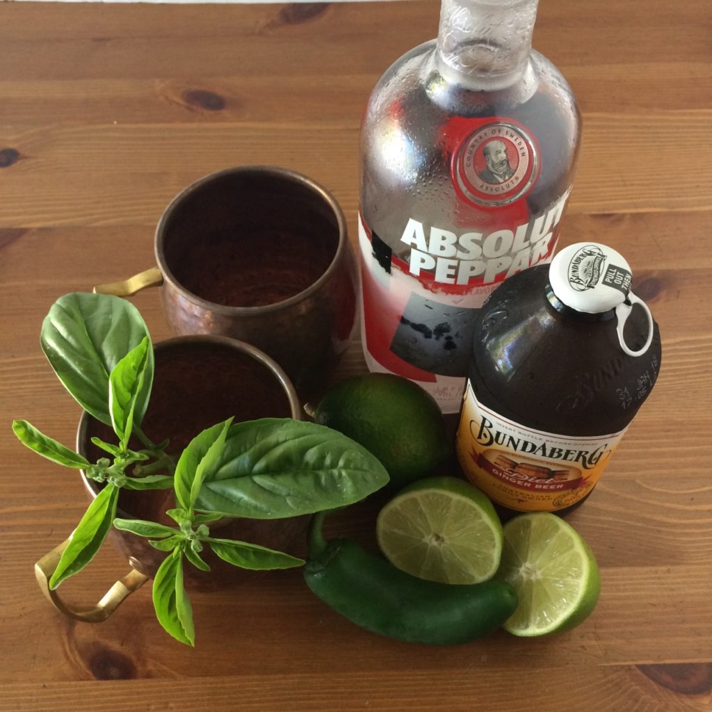 spicy jalapeno moscow mule ingredients on a table