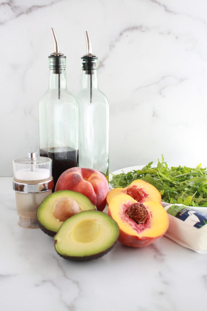 ingredients for grilled Peach avocado goat cheese arugula salad