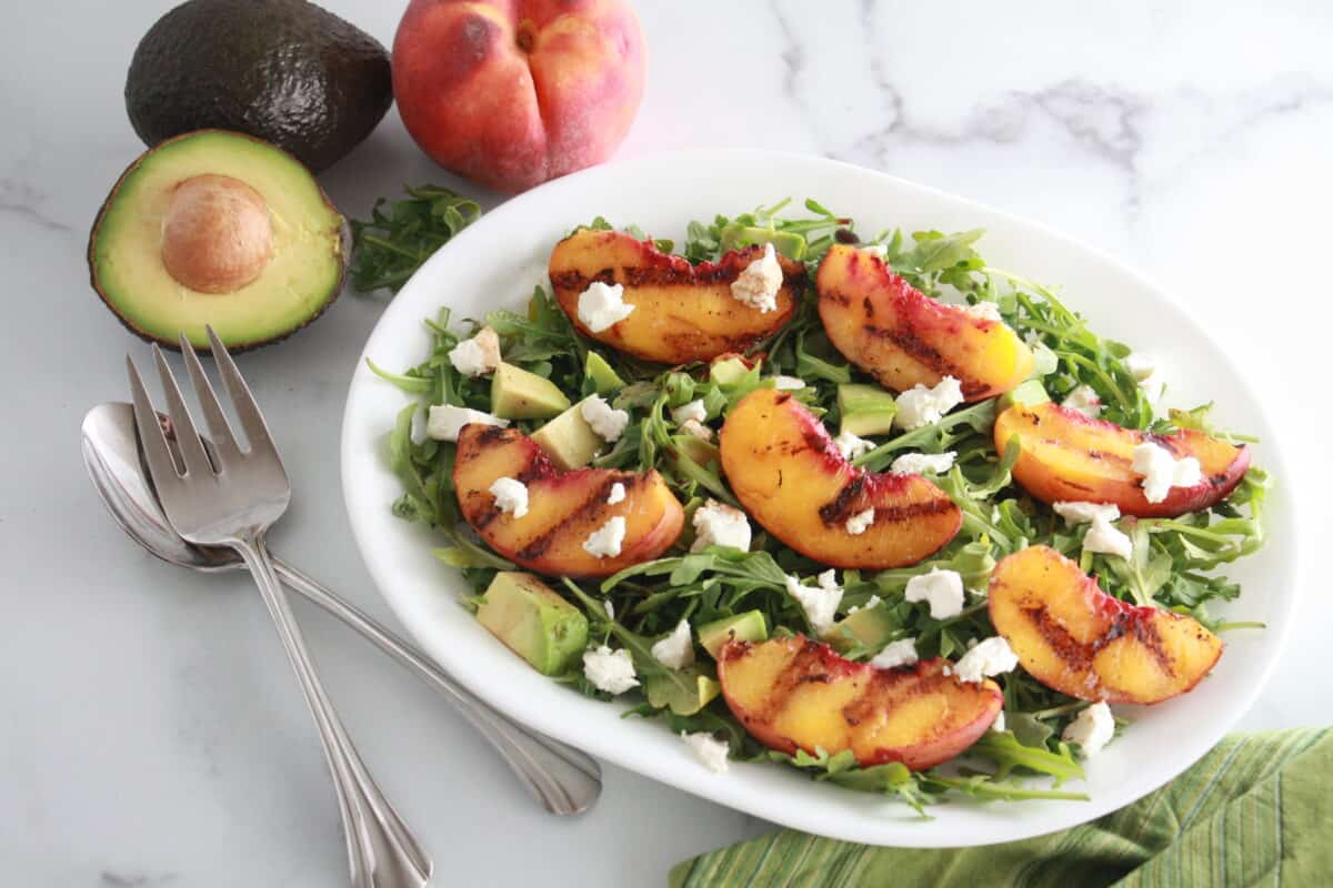 Grilled Peach, Avocado, and Goat Cheese Arugula Salad