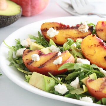 grilled Peach avocado goat cheese arugula salad