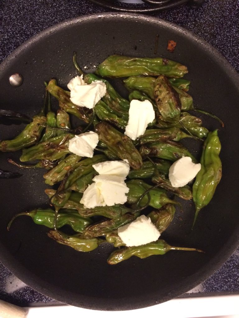 Shishito peppers with Cream Cheese and Bacon