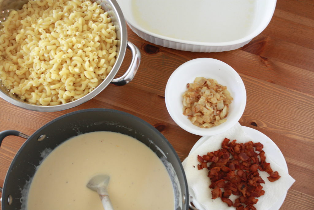 Ingredients ready to assemble the old-fashioned mac & cheese with bacon