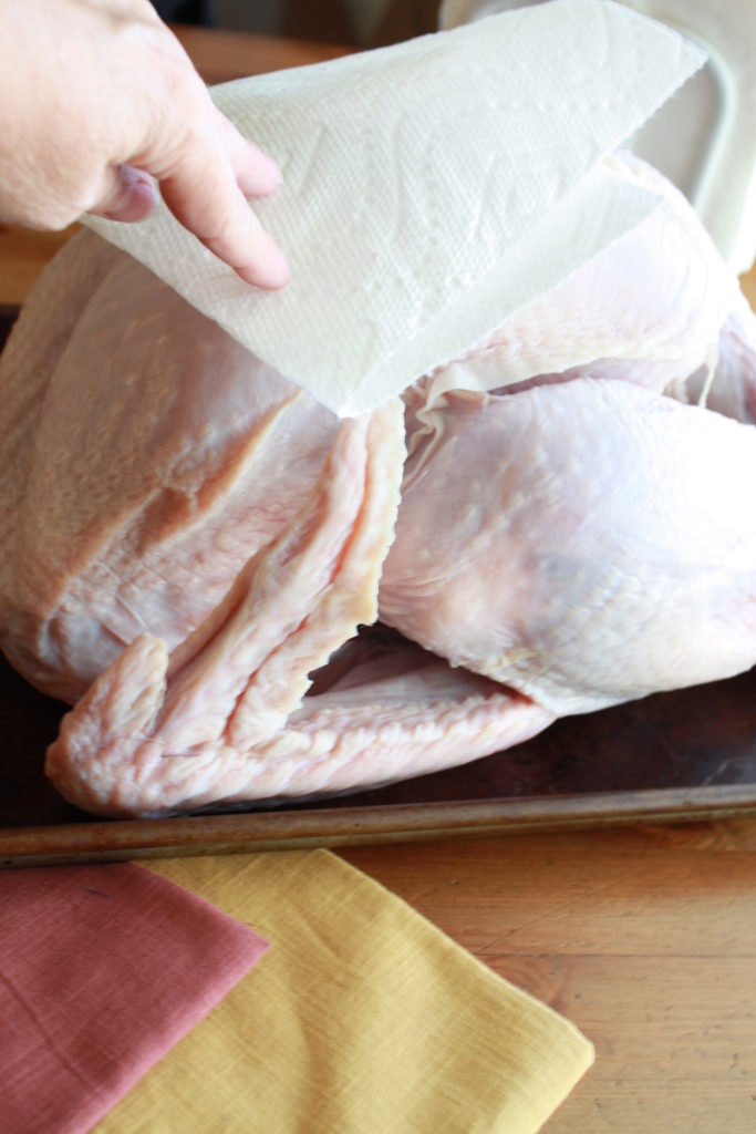 Paper towel used to pat dry the turkey skin.