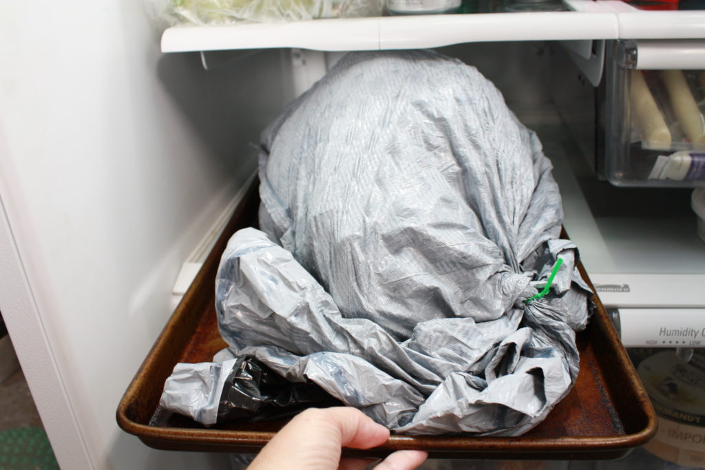 Bagged turkey on a baking tray placed in the refrigerator. 