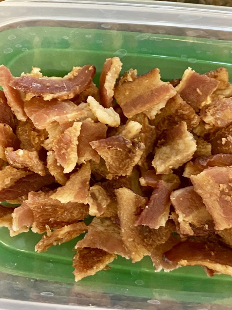 Crumbled crispy bacon, set aside for later