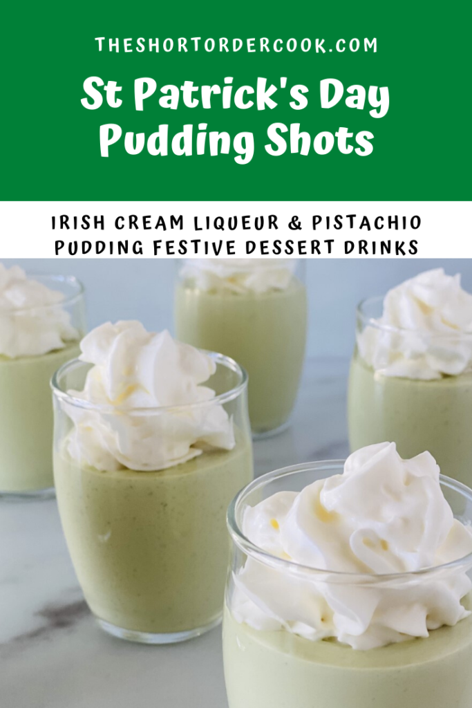 St Patrick's Day Pudding Shots in clear classes with dollop of whipped cream on top of each.