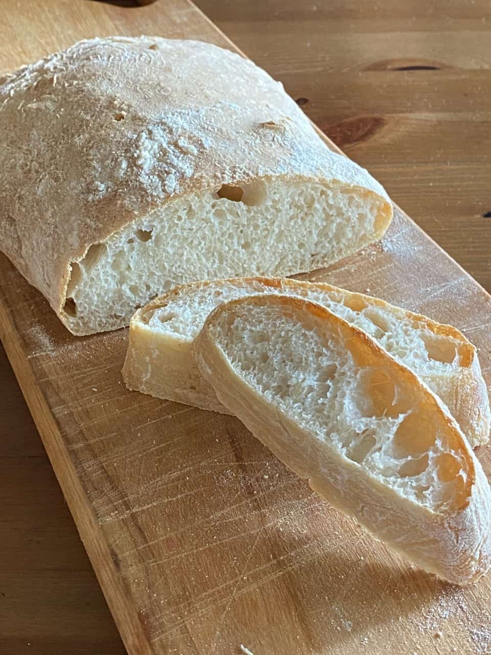 Ciabatta Bread on a cutting board.