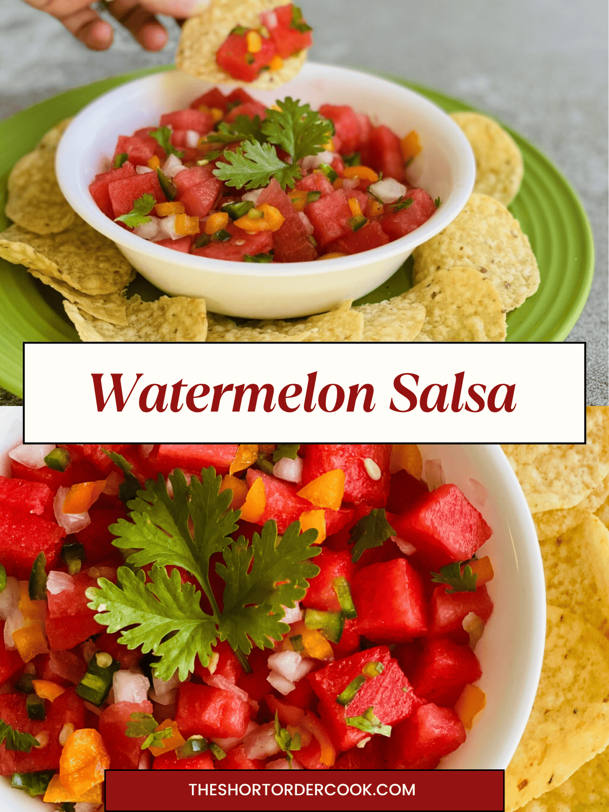 Two photos of fresh watermelon fruit salsa with onion, sweet colorful bell peppers, & spicy jalapenos served with chips.