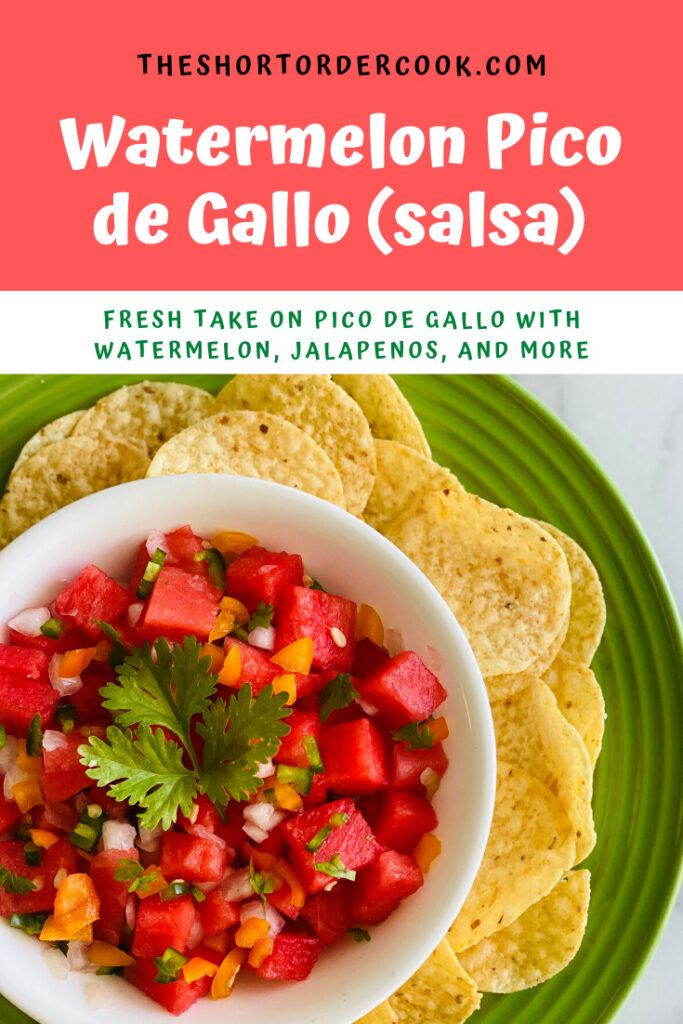 Watermelon Pico del Gallo (salsa) in a bowl next to corn tortilla chips.