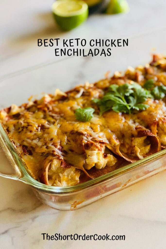 Best Keto Chicken Enchiladas made with Crepini thins baked and ready to eat, topped with cilantro.