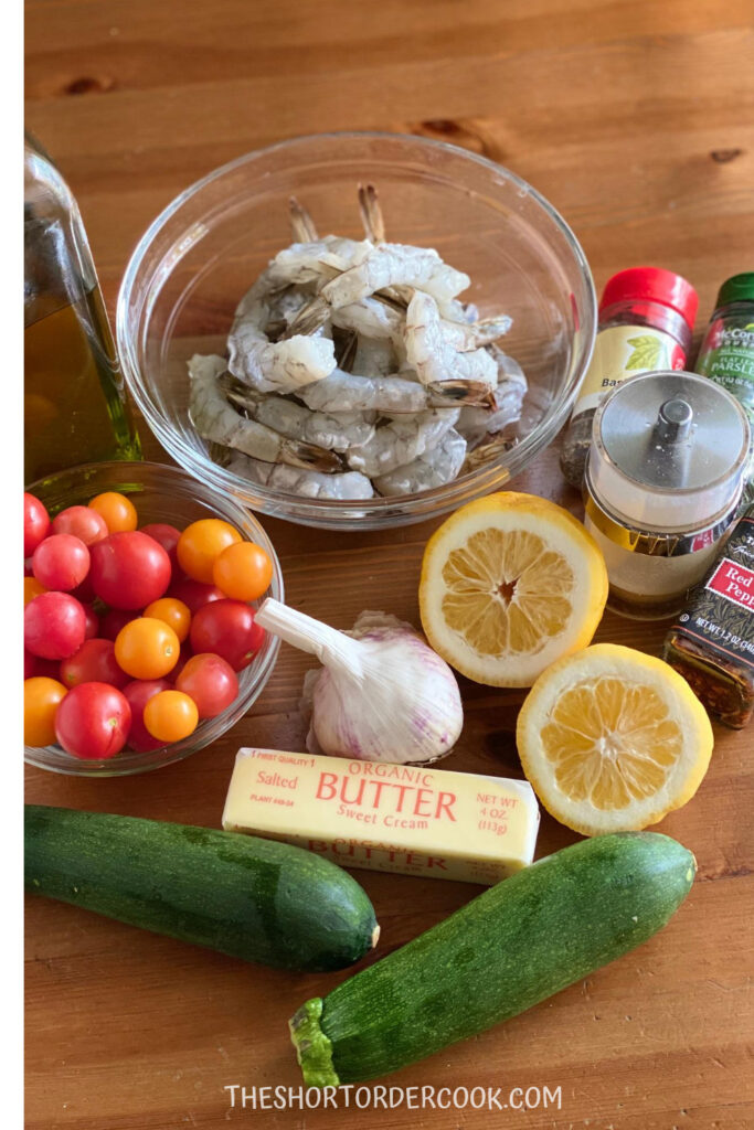 sheet pan shrimp scampi ingredients on the table 