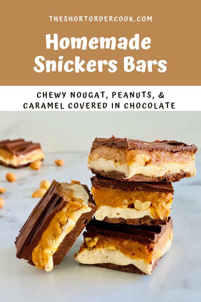 Homemade Snickers Bars stacked up.