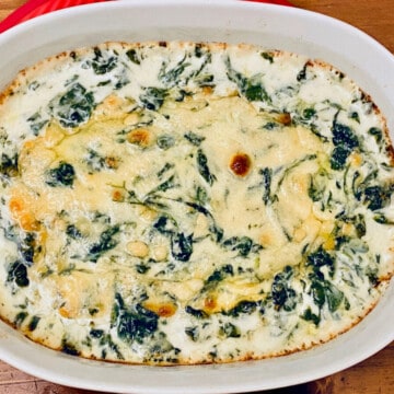 Low-Carb Keto Creamed Spinach Casserole featured overhead
