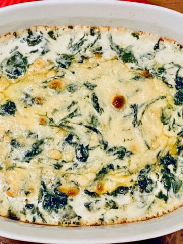 Low-Carb Keto Creamed Spinach Casserole featured overhead