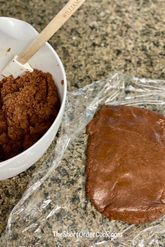 Chocolate Gingerbread Cookies dough in the bowl and on plastic wrap