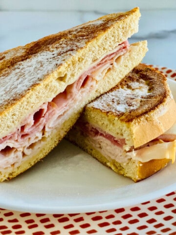 Keto Monte Cristo Sandwich featured polk dot plate