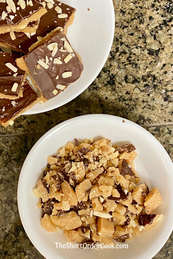 Old-fashioned Classic Toffee pieces and leftover small bits in a bowl