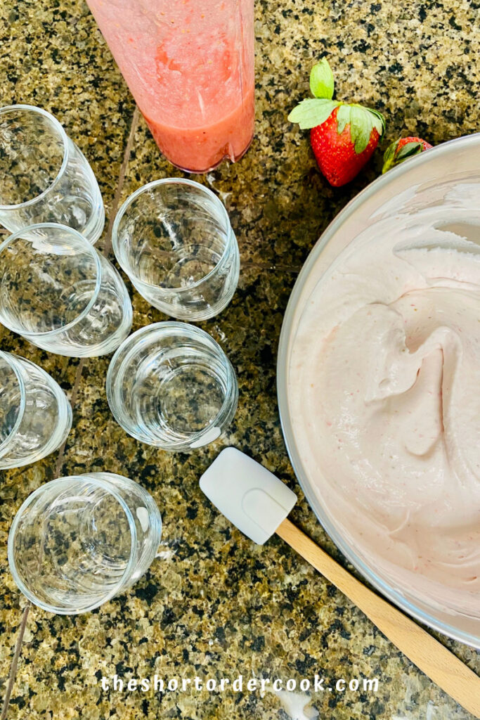 Fresh Strawberry Mousse Parfaits ready to fill in glasses