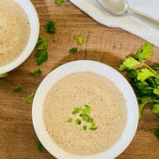 Keto Cream of Mushroom Soup featured overhead two bowls