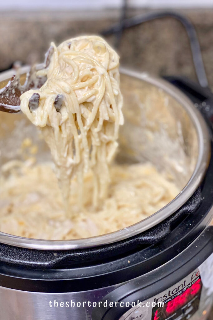 Instant Pot Creamy Chicken Spaghetti scooped and ready to serve