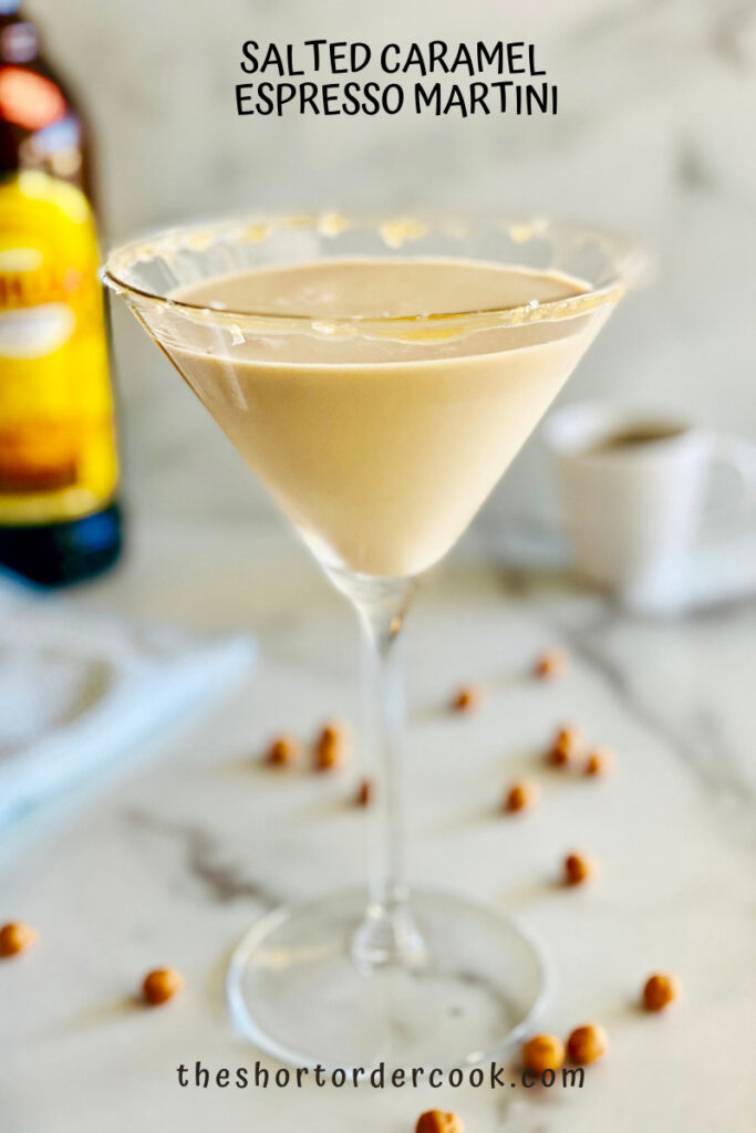 Salted Caramel Espresso Martini in a martini glass with Kahlua and a cup of espresso