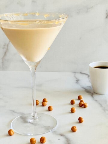Salted Caramel Espresso Martini all marble top and background featured