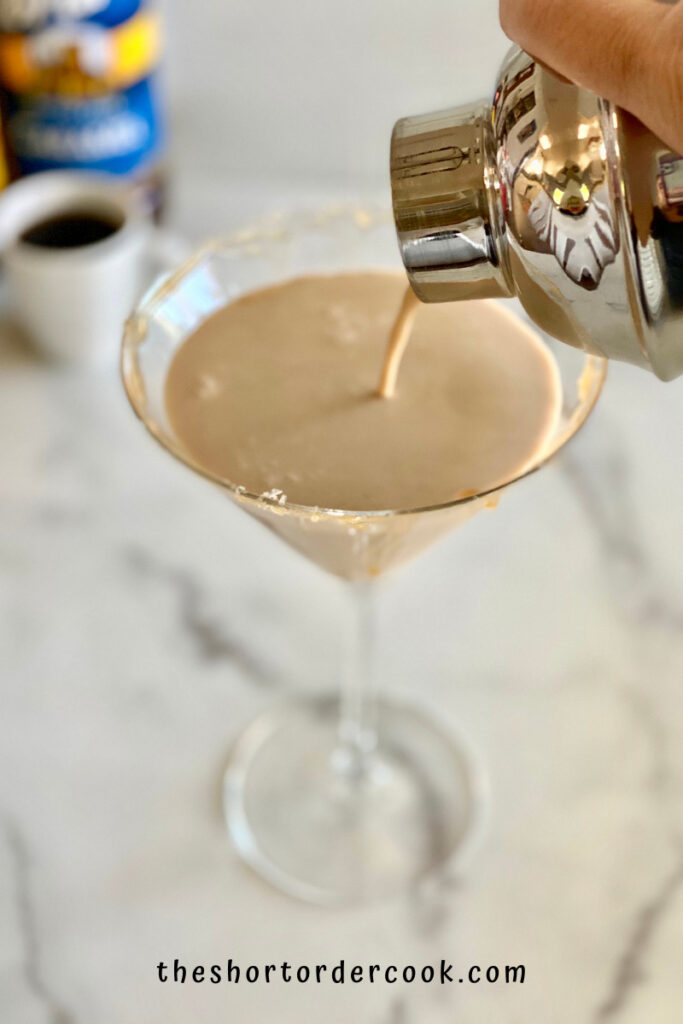 Salted Caramel Espresso Martini pouring from martini shaker