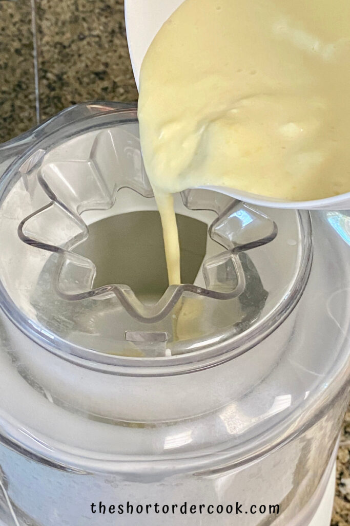 Best Ever Mango Ice Cream pour into ice cream maker