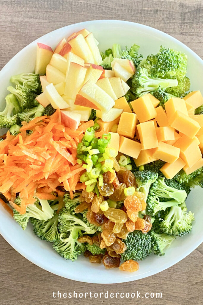 Broccoli Apple Salad with Greek Yogurt Dressing (no mayo) ingredients in serving bowl