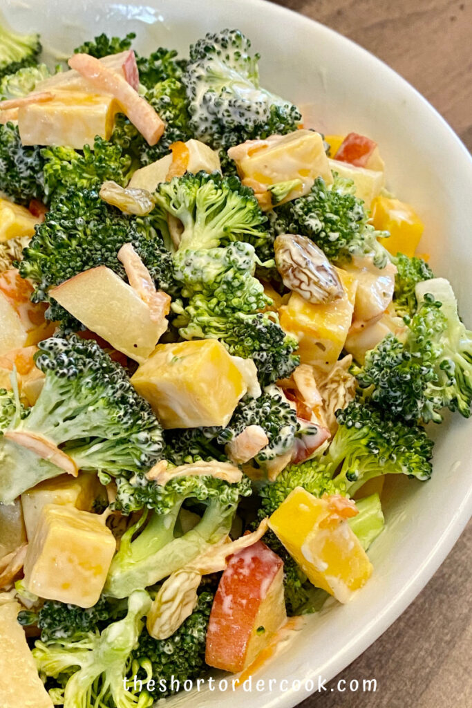 Broccoli Apple Salad with Greek Yogurt Dressing (no mayo) ready in a serving bowl