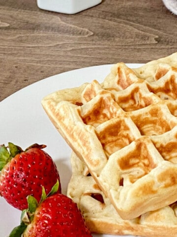 Perfectly Crispy and Chewy Mochi Waffles featured two plates angle