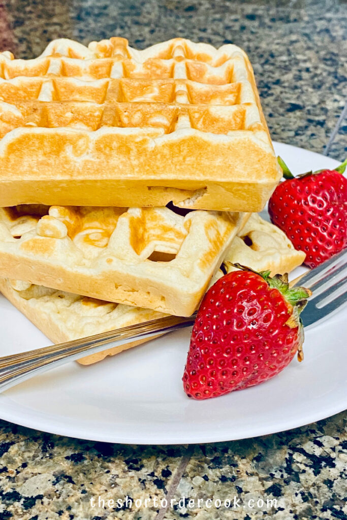 Perfectly Crispy and Chewy Mochi Waffles stacked on a plate