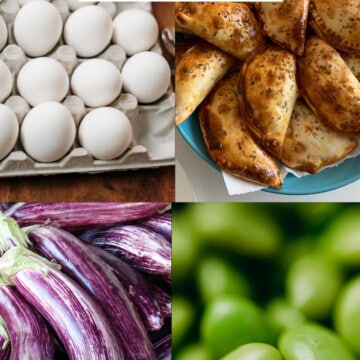 Foods That Start With E four images of eggs, empanadas, eggplant, and edamame