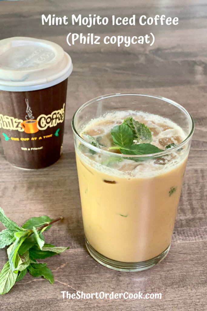 Mint Mojito Iced Coffee (Philz copycat) glass and cup of coffee on table PN1