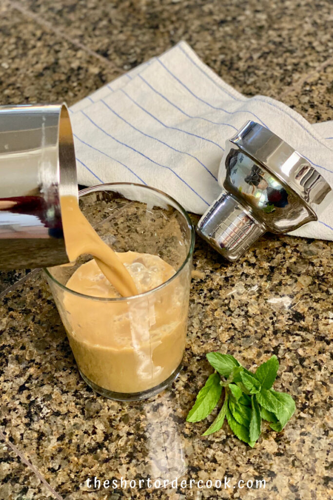 Mint Mojito Iced Coffee (Philz copycat)pour from shaker to glass