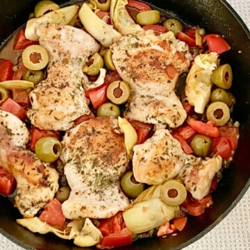 Paleo Greek Chicken Thighs featured diagonal full pan