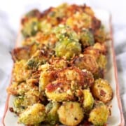 crispy air fryer brussels sprouts on a platter