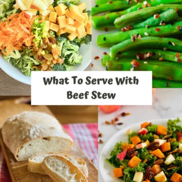What To Serve With Beef Stew 4 recipe images of broccoli salad, green beans, ciabatta, and kale salad