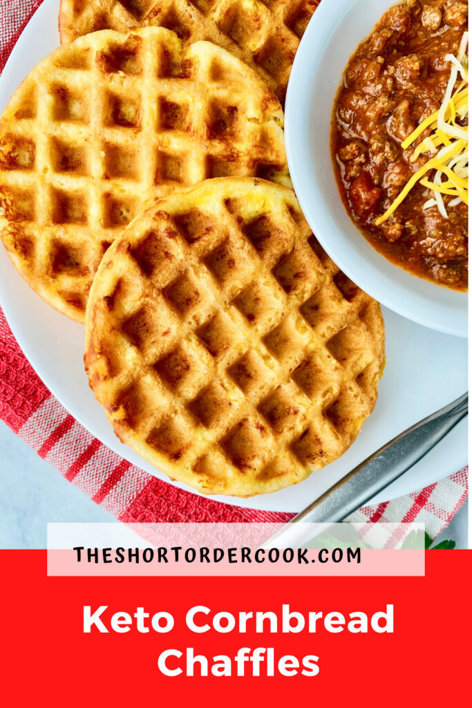 Keto Cornbread Chaffles PIN close up of 3 chaffles on a plate and a small partial view of a bowl of chili in the top right corner