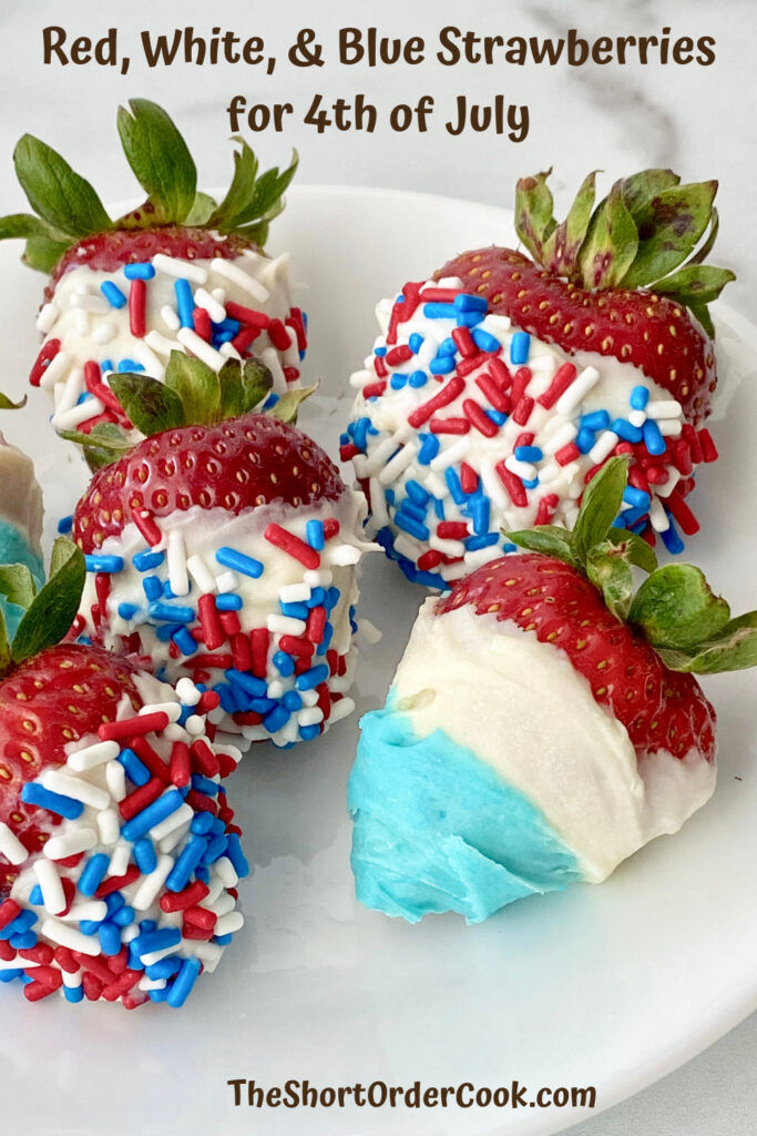 Red, White, & Blue Strawberries for 4th of July PN1 closeup of strawberries dipped in white chocolate with red white and blue sprinkles
