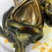 What to Serve with Lobster 7972B168-C5EB-41EE-9369-4473908B9C70-768x1024 anyreasonvegans a large cooked artichoke on a plate with olive oil, garlic, and seasoning