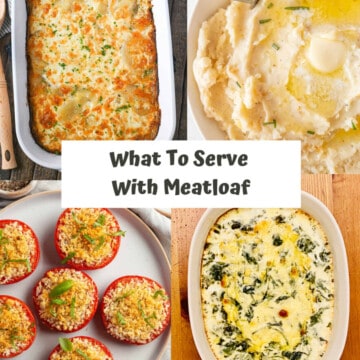 What to Serve with Meatloaf PN1 4 recipe images of mashed potatoes, creamed spinach, stuffed tomatoes and a casserole