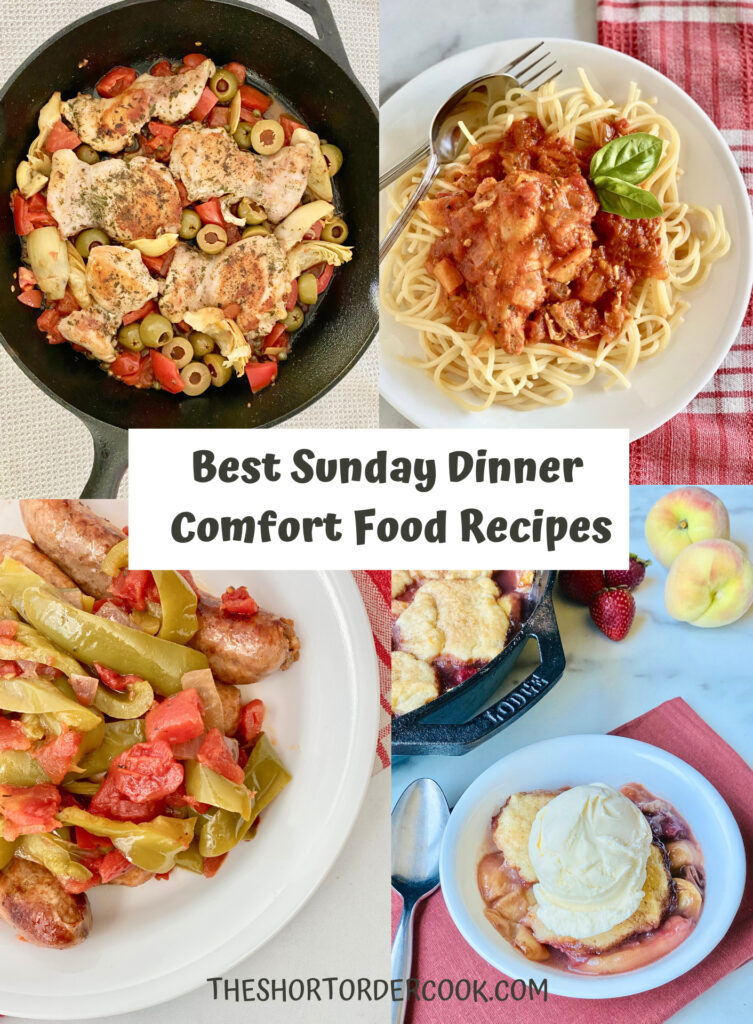 Best Sunday Dinner Comfort Food Recipes PN1 4 recipe images for greek chicken thighs, chicken cacciatore, italian sausage and peppers and peach strawberry cobbler