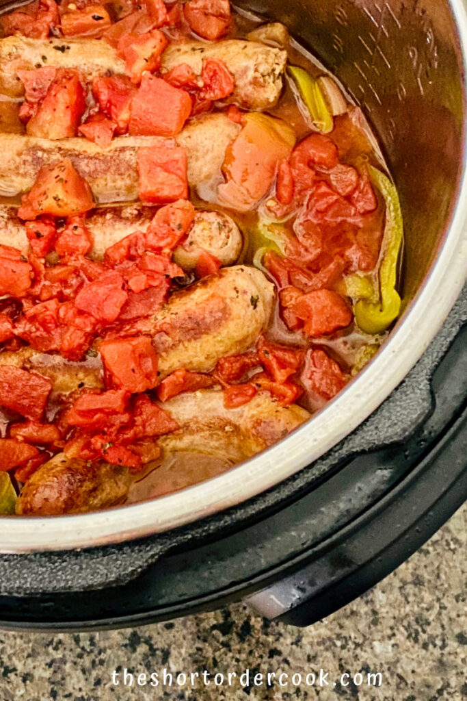 Instant Pot Italian Sausage & Peppers ready in the insert