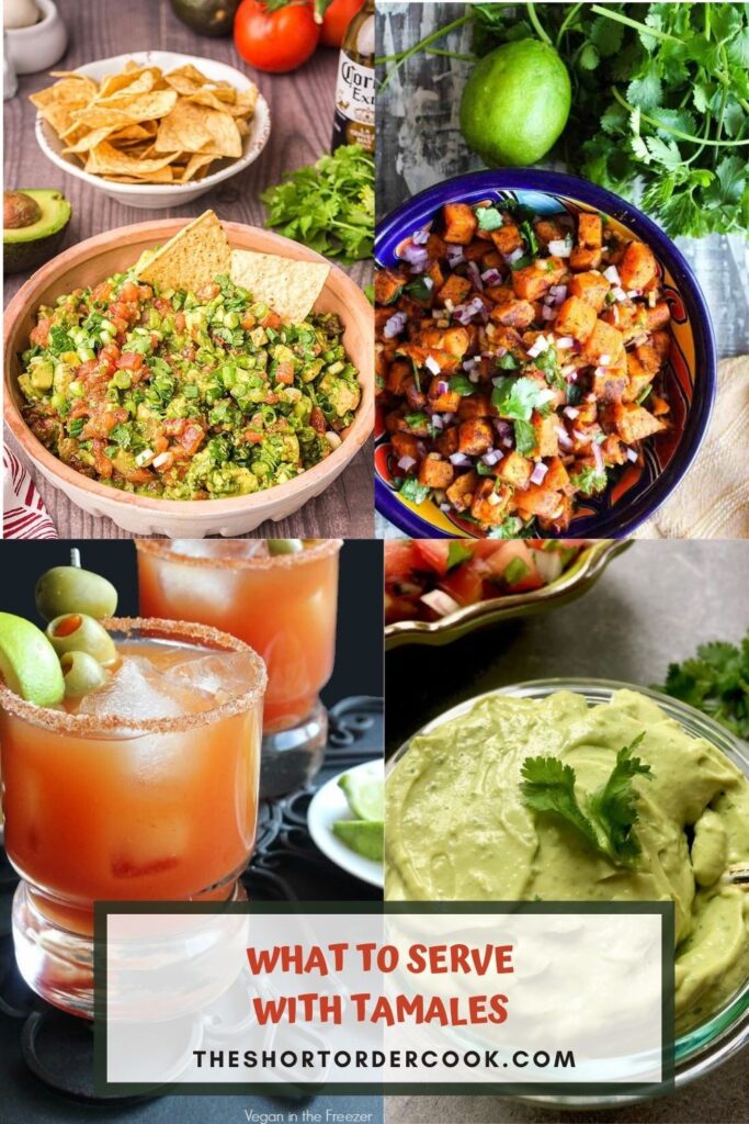 What to Serve with Tamales PIN 4 recipe images of chunky quacamole, avocado cream sauce, michelada and mexican sweet potato salad