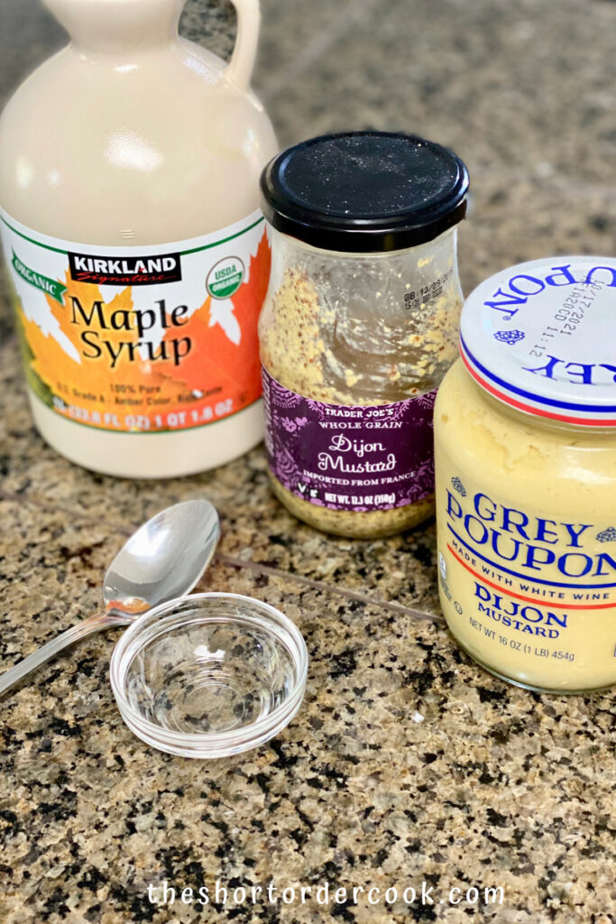 3 ingredients maple syrup dijon whole grain mustard and dijon mustard