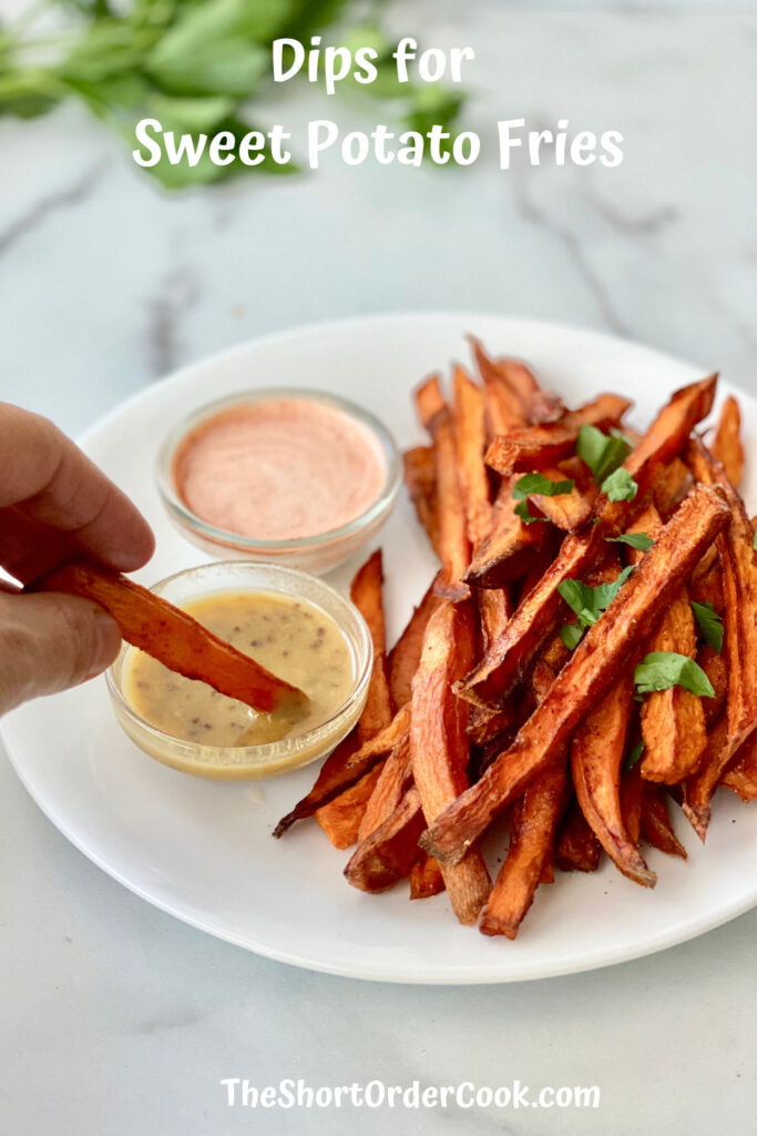 Dipping sauces & Sweet Potato Fries on a plate. 